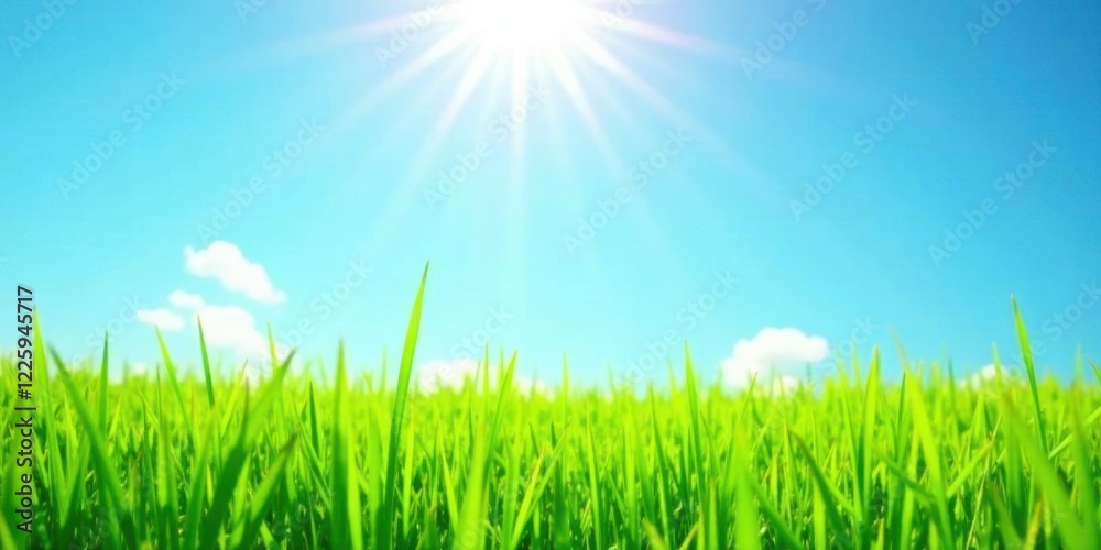 Vibrant Green Grass Blades Reaching for a Sunny Sky with Fluffy White Clouds Vibrant Green Grass Blades Reaching for a Sunny Sky with Fluffy White Clouds