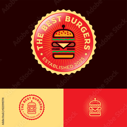 The Best Burgers restaurant emblem. Big burger icon and letters on a wavy round badge.