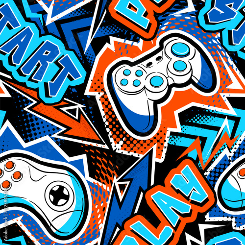 Seamless abstract pattern with joystick game and graffiti words. Bright colorful  vector Print for boys.