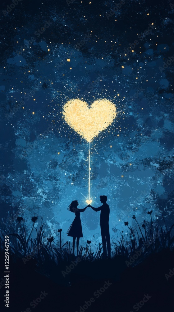 Obraz premium Loving Couple Wishing on Heart-Shaped Starry Night