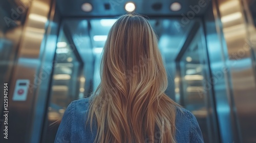 Woman with long blonde hair standing in front of a modern elevator, back view.