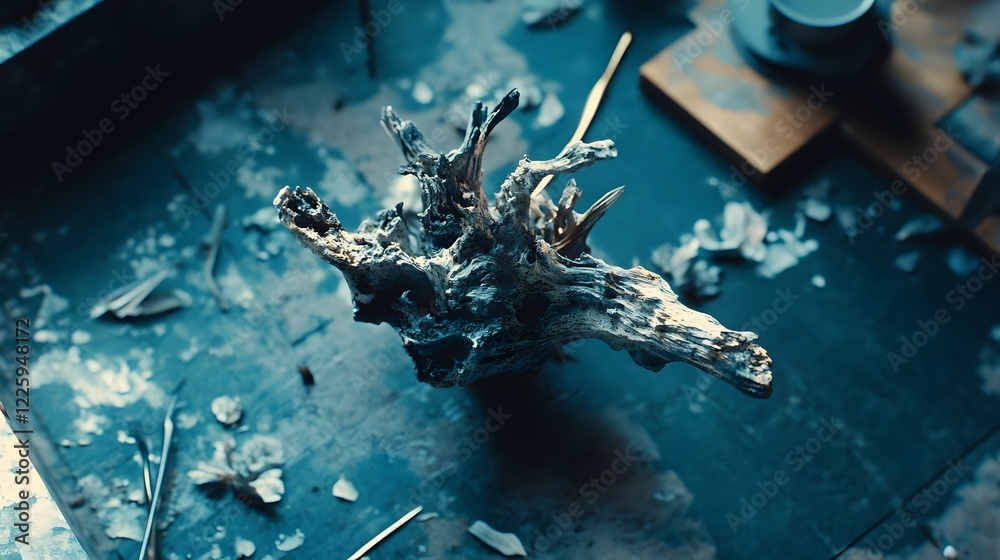 Naklejka premium Artistic Driftwood on Blue Surface, Dark Moody Still Life Photography