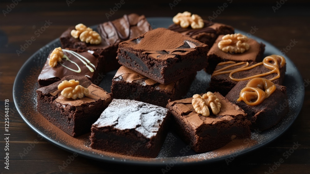 Delicious assortment of brownies with various toppings arranged on a dark plate Delicious assortment of brownies with various toppings arranged on a dark plate