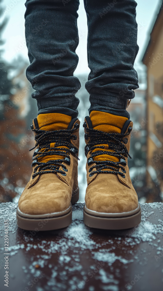 Tan Boots on Snowy Surface: A Close-Up of Winter Footwear Tan Boots on Snowy Surface: A Close-Up of Winter Footwear