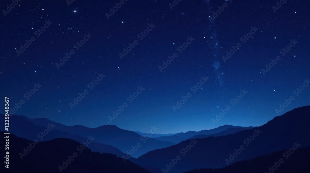 Serene Night Sky Over Majestic Mountain Ranges, a Tranquil and Peaceful Landscape Under a Starry Firmament Serene Night Sky Over Majestic Mountain Ranges, a Tranquil and Peaceful Landscape Under a Starry Firmament