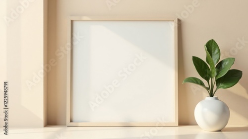 A Minimalist Mockup Featuring a Blank Frame and a Lush Green Plant in a Simple White Vase on a Light Beige Surface