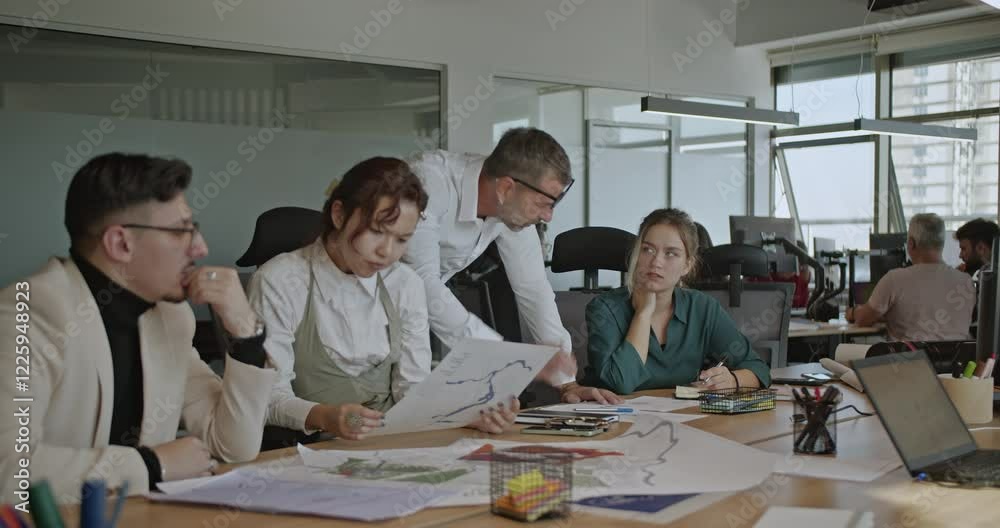 Diverse team of business professionals collaborating on a project in a modern office, analyzing charts and discussing strategies. Diverse team of business professionals collaborating on a project in a modern office, analyzing charts and discussing strategies.