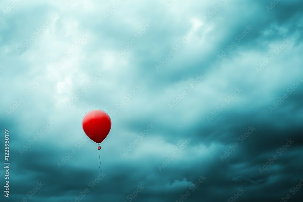 Red balloon floats in a cloudy sky over a serene landscape during a quiet afternoon