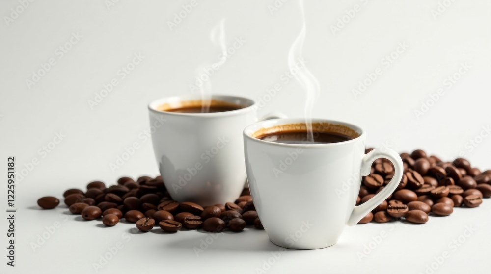 Two steaming cups of coffee nestled amongst roasted beans, a delightful morning ritual Two steaming cups of coffee nestled amongst roasted beans, a delightful morning ritual