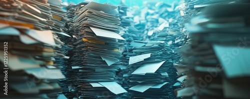 Stacked paperwork creating huge piles representing bureaucracy