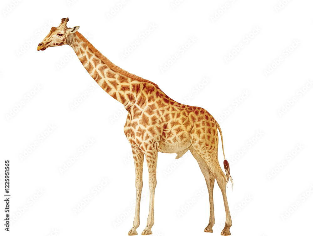 Naklejka premium Giraffe Standing Gracefully in a Natural Pose Against a White Background - Vintage Illustration, Isolated on White Transparent Background, PNG