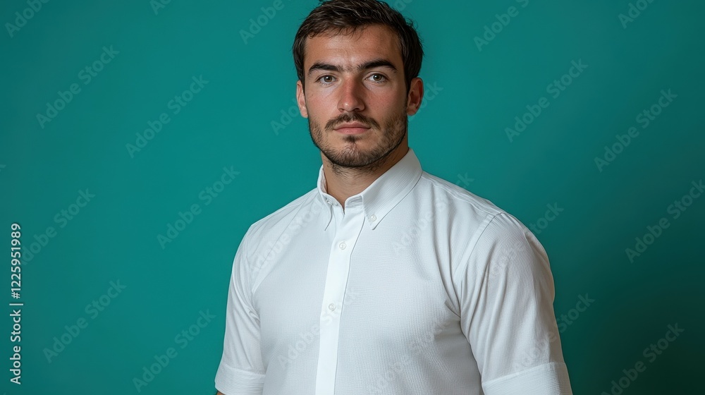 Fototapeta premium A young man stands with a serious expression against a teal background. He wears a crisp white shirt and appears ready for a professional engagement or event