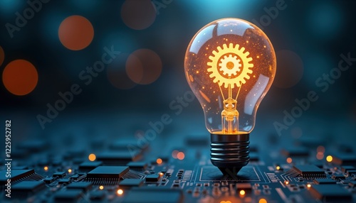 Innovative tech solution concept. Bright light bulb with gear graphic sits on circuit board. Modern idea for process improvement, business productivity. Light shows visionary business strategy.