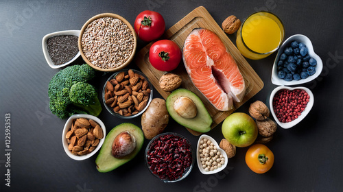 Selection of healthy balanced food that is good for the heart, brain and digestive health improving energy and mood