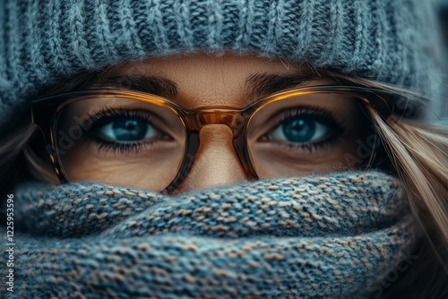 Woman with blue eyes and glasses bundled up in a cozy scarf during winter outdoors photo