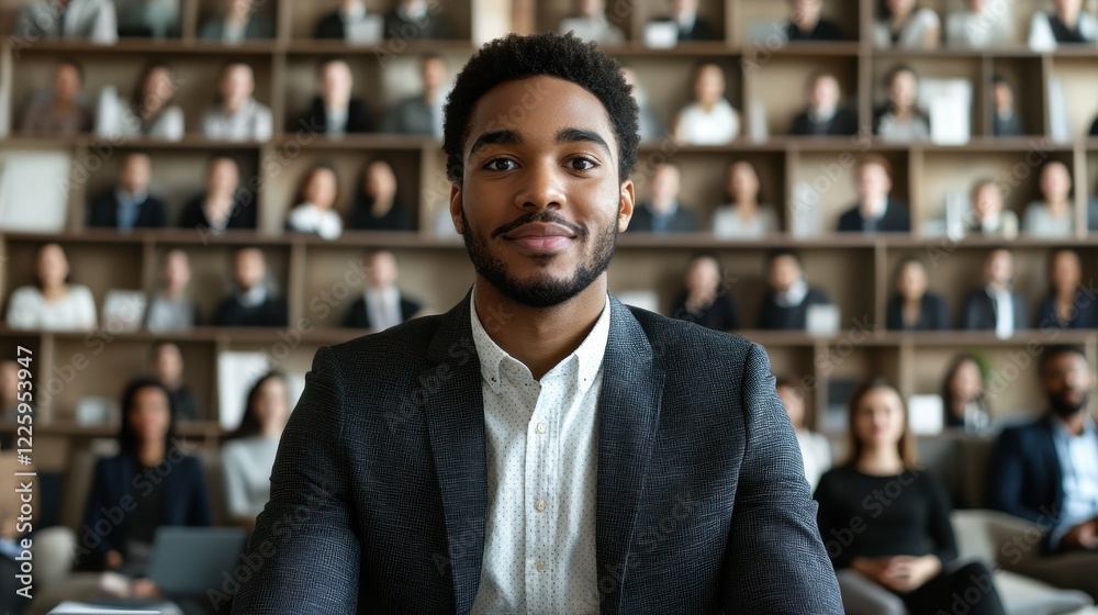 An individual in formal attire sits confidently at the forefront, addressing a diverse audience in a spacious conference room filled with professionals. The atmosphere is engaging An individual in formal attire sits confidently at the forefront, addressing a diverse audience in a spacious conference room filled with professionals. The atmosphere is engaging