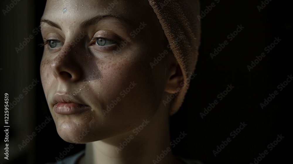 Contemplative woman with cancer, serene expression, bathed in soft light, creating a moody and introspective portrait. Contemplative woman with cancer, serene expression, bathed in soft light, creating a moody and introspective portrait.