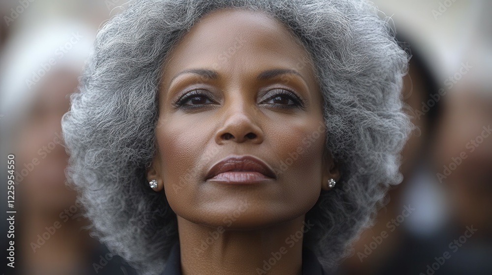 A strong woman with silver curly hair stands confidently in an urban environment, engaging with the audience during a meaningful public event. Her expression conveys determination and focus A strong woman with silver curly hair stands confidently in an urban environment, engaging with the audience during a meaningful public event. Her expression conveys determination and focus