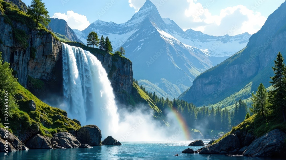 Fototapeta premium Majestic Waterfall Cascades into Pristine Lake, Surrounded by Verdant Mountains and a Vibrant Rainbow