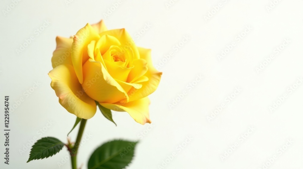 A single, vibrant yellow rose elegantly displayed against a pristine white background; a symbol of friendship, joy, and new beginnings.