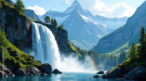 Majestic Waterfall Cascades into Pristine Lake, Surrounded by Verdant Mountains and a Vibrant Rainbow