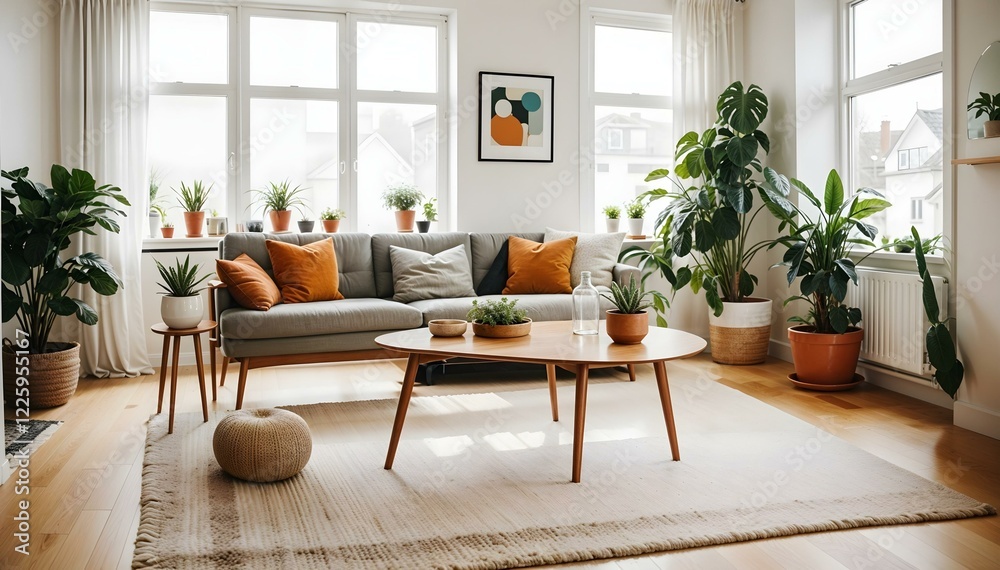 Fototapeta premium Scandinavian stylish nordic light living room with many green plants and cozy sofa