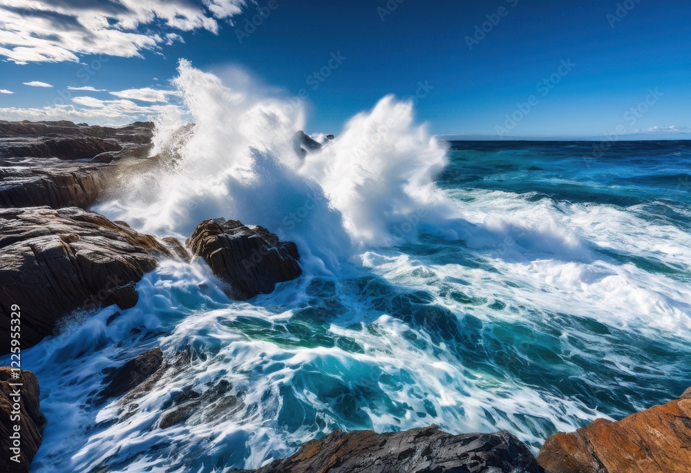Fototapeta premium vibrant dynamic waves crashing rugged rocky shoreline under bright blue sky white clouds, beach, coast, ocean, sea, surf, sand, foam, tide, current