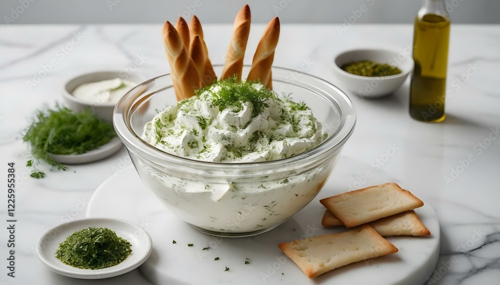 A clear bowl of cream cheese topped with herbs and bread A clear bowl of cream cheese topped with herbs and bread