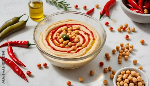 A bowl of creamy hummus topped with herbs, chickpeas and chilli peppers 