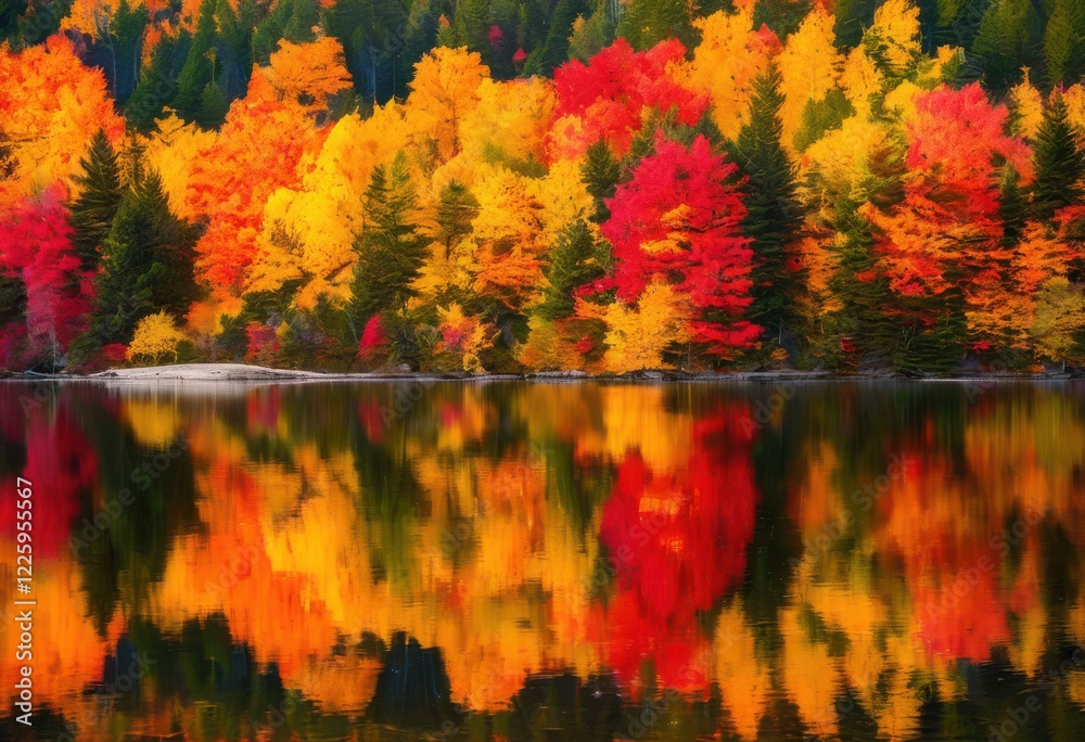 Obraz premium vibrant autumn foliage reflections tranquil lake multicolored leaves calm water surface showcasing beauty, nature, scenery, scenic, seasonal, tree, landscape