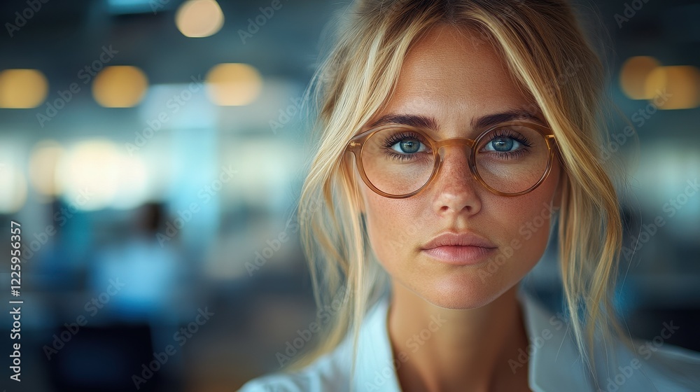 A young woman with light hair and glasses gazes thoughtfully at the camera in a well-lit office. Background details include blurred figures and bright lights, indicating a bustling workplace A young woman with light hair and glasses gazes thoughtfully at the camera in a well-lit office. Background details include blurred figures and bright lights, indicating a bustling workplace