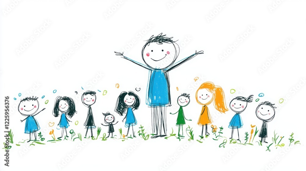 Colorful Childlike Drawing of Group of Happy Stick Figures with a Smiling Big Figure at the Center Colorful Childlike Drawing of Group of Happy Stick Figures with a Smiling Big Figure at the Center