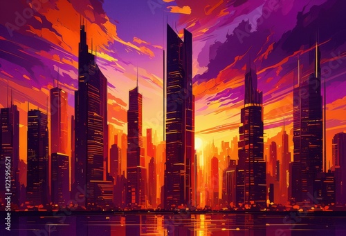 dynamic cityscape sunset featuring skyscraper silhouettes creates stunning visual urban life evening sky, skyline, architecture, landscape, horizon, clouds