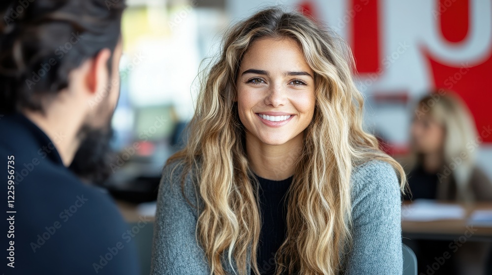Fototapeta premium A smiling woman with wavy hair engages in a friendly conversation with a man. They are in a contemporary office, filled with natural light and casual work environments