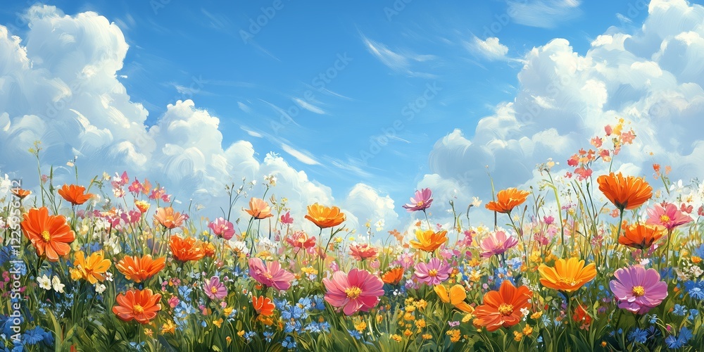 Obraz premium Illustration of a flower meadow in spring, with a bright blue sky and fluffy clouds. Features diverse wildflowers, including poppies, daisies, and cosmos flowers.