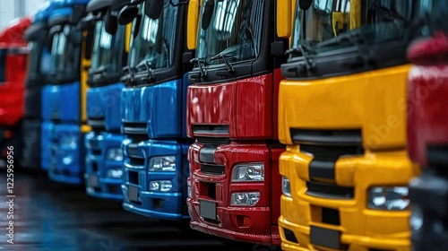 Various trucks in red, blue, and yellow are parked in a warehouse. The early morning light illuminates their shiny surfaces, creating a vibrant display of colors