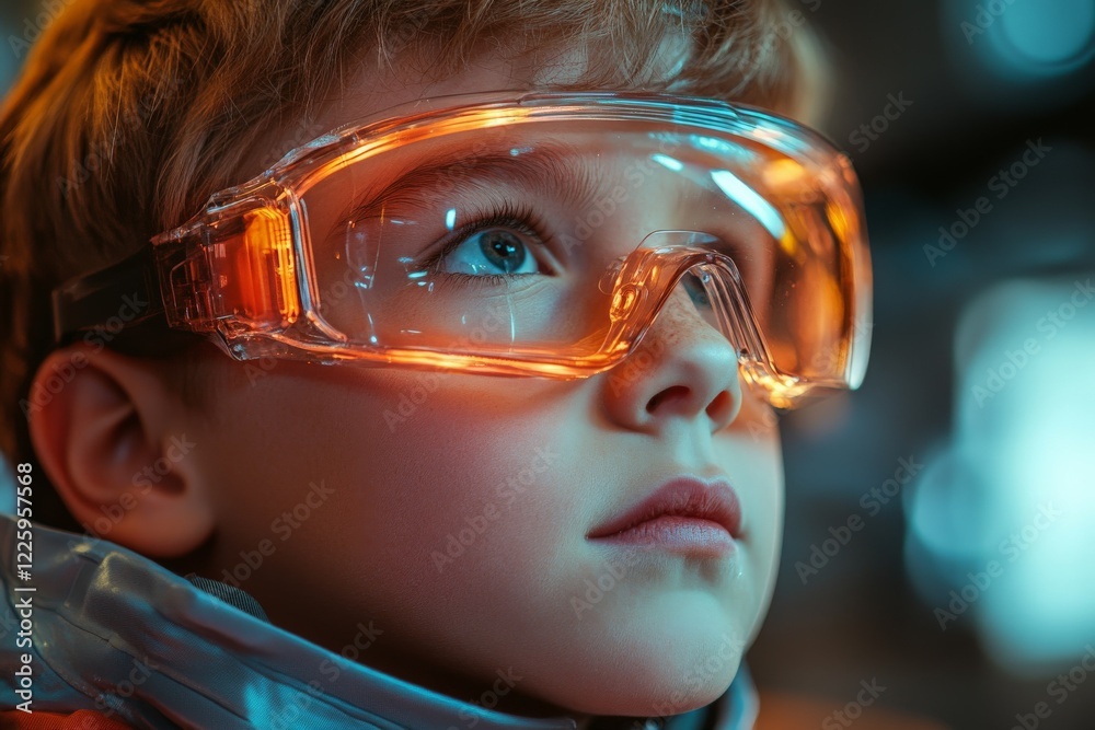 Young child with protective goggles gazes thoughtfully, illuminated by soft light in a futuristic environment during a learning activity Young child with protective goggles gazes thoughtfully, illuminated by soft light in a futuristic environment during a learning activity