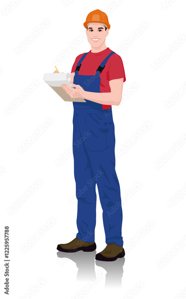 Smiling Construction Worker in Safety Gear Holding a Clipboard and Taking Notes. Vector Flat Style Illustration Isolated On White Smiling Construction Worker in Safety Gear Holding a Clipboard and Taking Notes. Vector Flat Style Illustration Isolated On White