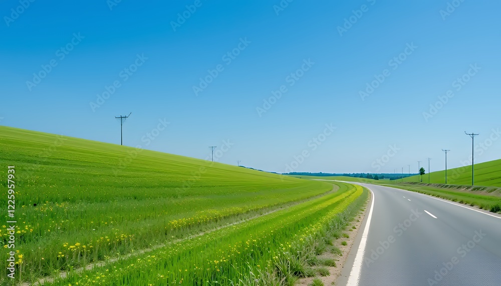 Serene Summer Countryside Road: Vibrant Green Hills Under a Bright Blue Sky Serene Summer Countryside Road: Vibrant Green Hills Under a Bright Blue Sky