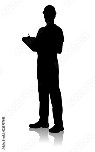 Silhouette of a Construction Worker Holding a Clipboard and Taking Notes. Vector Flat Style Illustration Isolated On White
