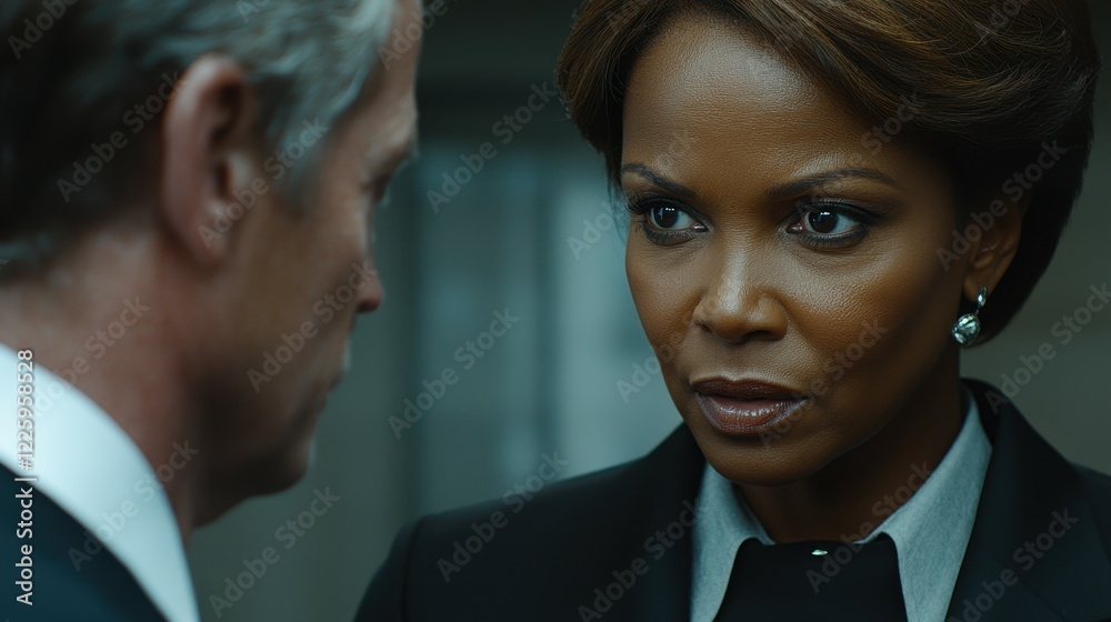Two characters are engaged in a serious discussion, conveying tension and urgency. The setting appears to be corporate or formal, emphasizing the stakes involved in their interaction Two characters are engaged in a serious discussion, conveying tension and urgency. The setting appears to be corporate or formal, emphasizing the stakes involved in their interaction
