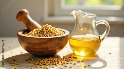 Wooden bowl of soybeans and a glass of extracted oil in sunlight