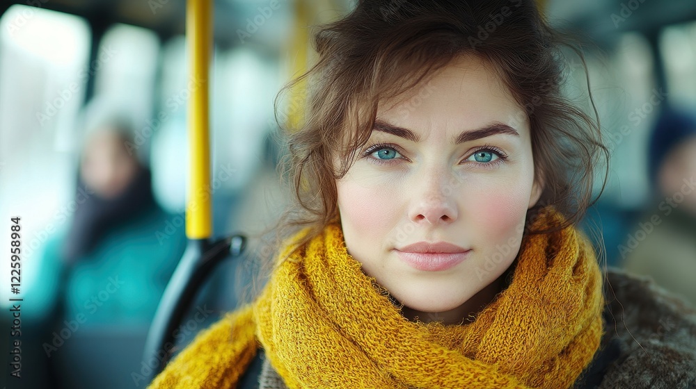 A young woman with striking blue eyes and tousled brown hair sits on a bus. She is wrapped in a cozy yellow scarf, surrounded by fellow passengers in winter attire A young woman with striking blue eyes and tousled brown hair sits on a bus. She is wrapped in a cozy yellow scarf, surrounded by fellow passengers in winter attire