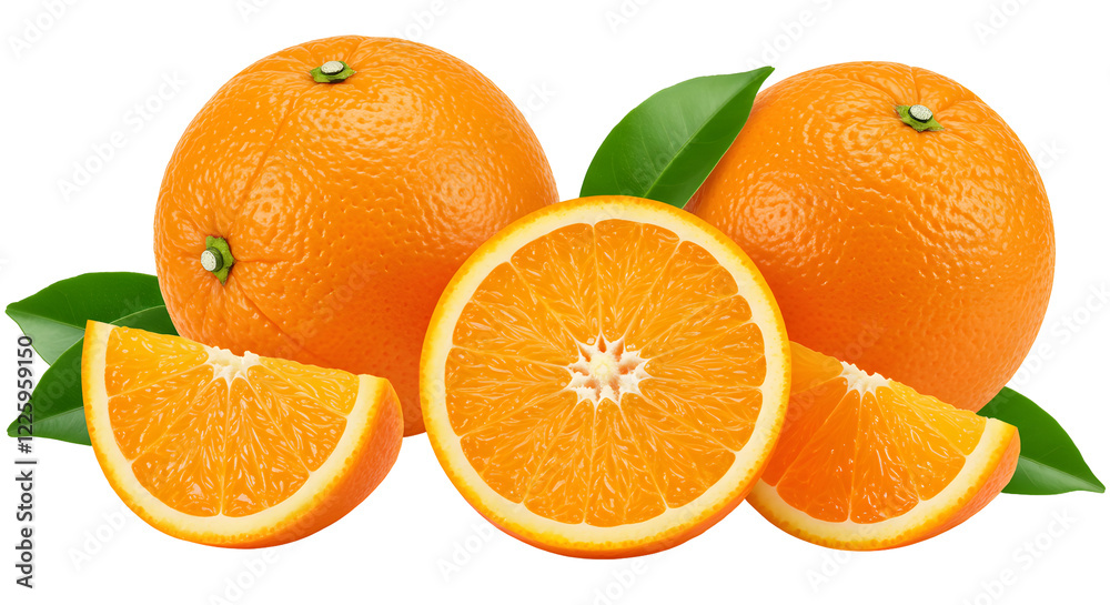 Orange fruit with leaves and slices isolated on white background Orange fruit with leaves and slices isolated on white background