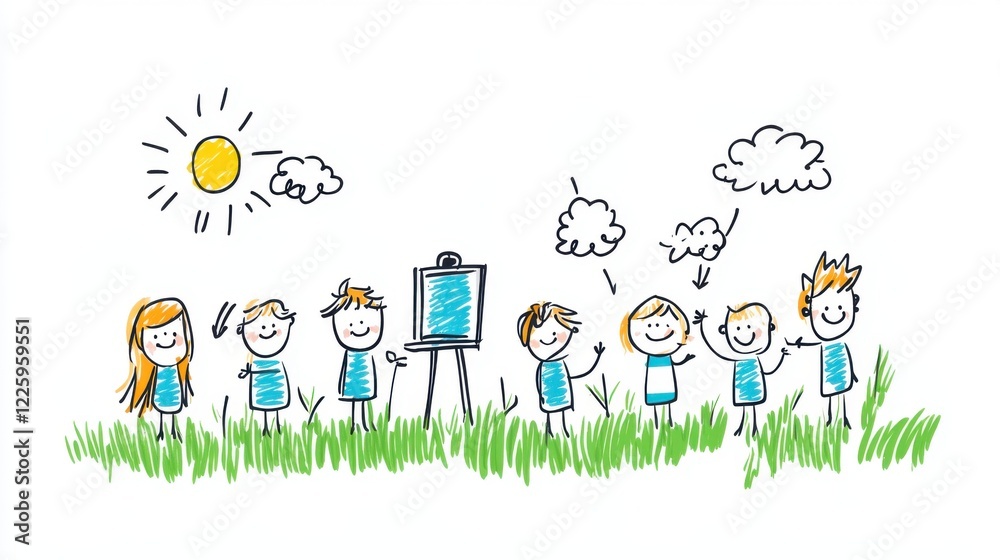 Fototapeta premium Children Playing Outdoors with Art Supplies, Drawing, Painting, and Enjoying a Sunny Day in Nature