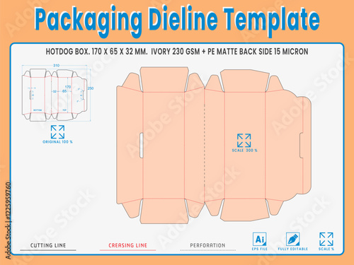 Packaging Dieline Template. 2D Technical Drawing File Eps Scale %. Fully editable vector. Prepared for production.