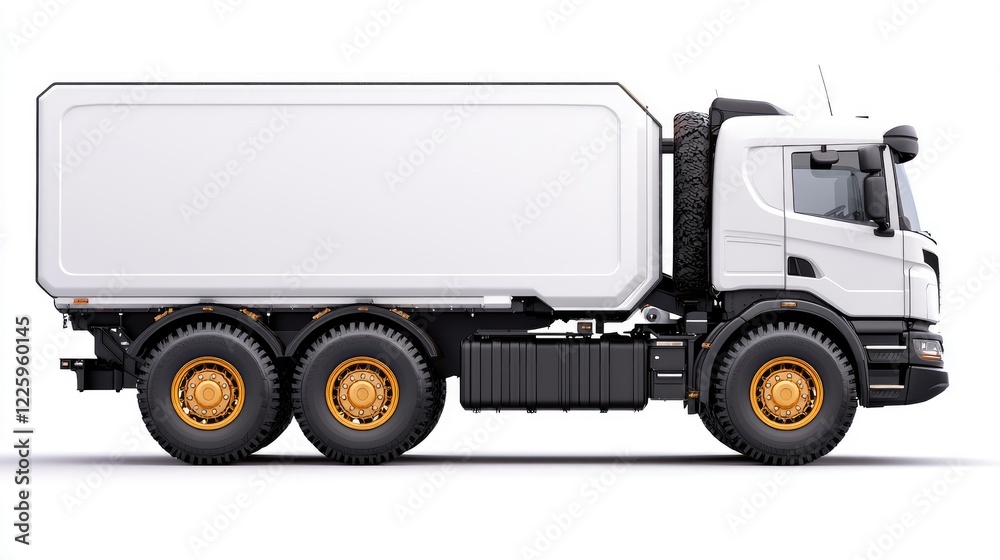 White cargo truck, side view, studio shot, blank trailer. Transport industry image White cargo truck, side view, studio shot, blank trailer. Transport industry image