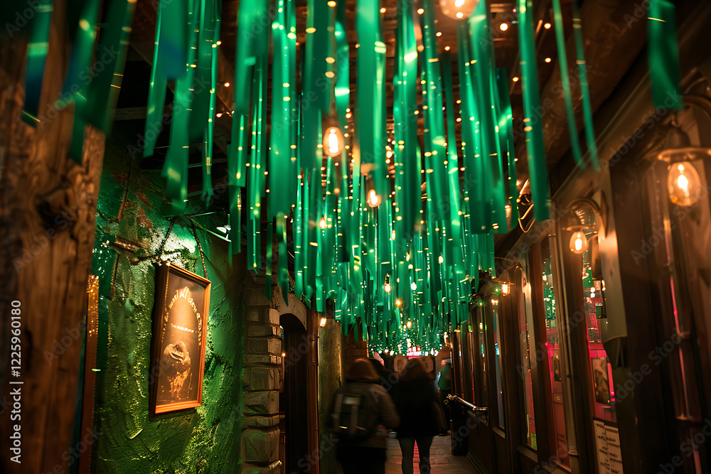 Obraz premium st patricks day celebration, the room filled with the scent of irish soda bread, festive saint patricks day cheer in every corner, and emerald green streamers hanging from the ceiling