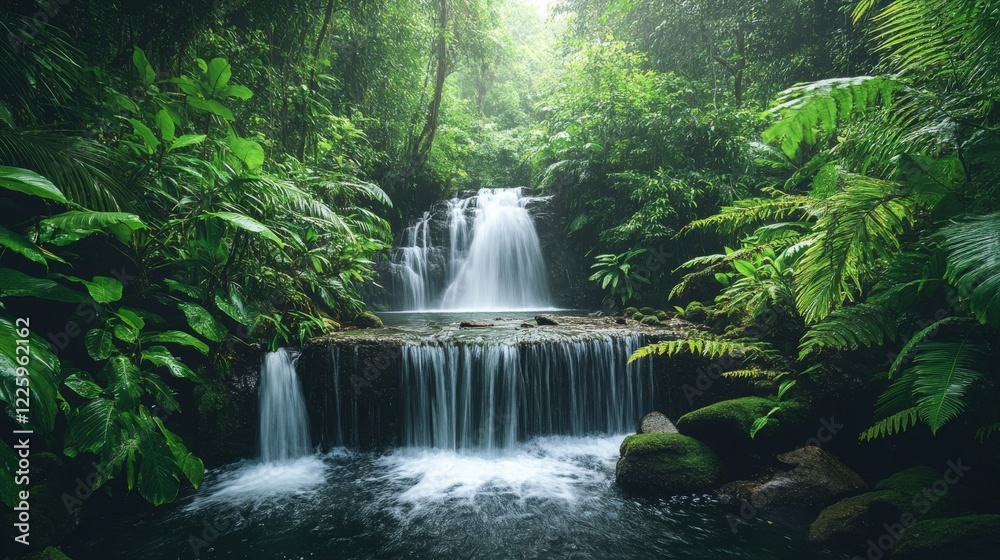 Obraz premium Lush Rainforest Waterfall Cascading Over Rocks