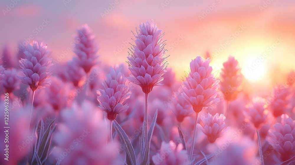 Sunset Serenity: A Field of Pink Flowers at Golden Hour